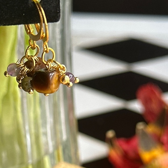 Tiger's eye confetti chandelier dangle earrings/ wealth and power inspirational - Picture 2 of 5